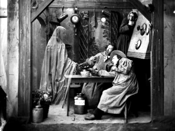In this circa 1865 image from the London Stereoscopic Company Comic Series, an apparition appears to three people in their kitchen.