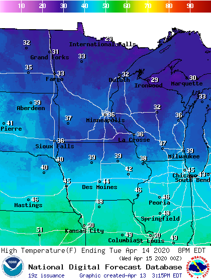Forecast high temperatures Tuesday