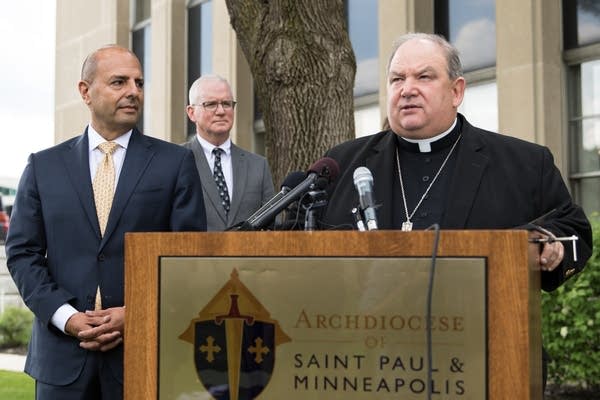 Archbishop Bernard Hebda speaks during a press conference.