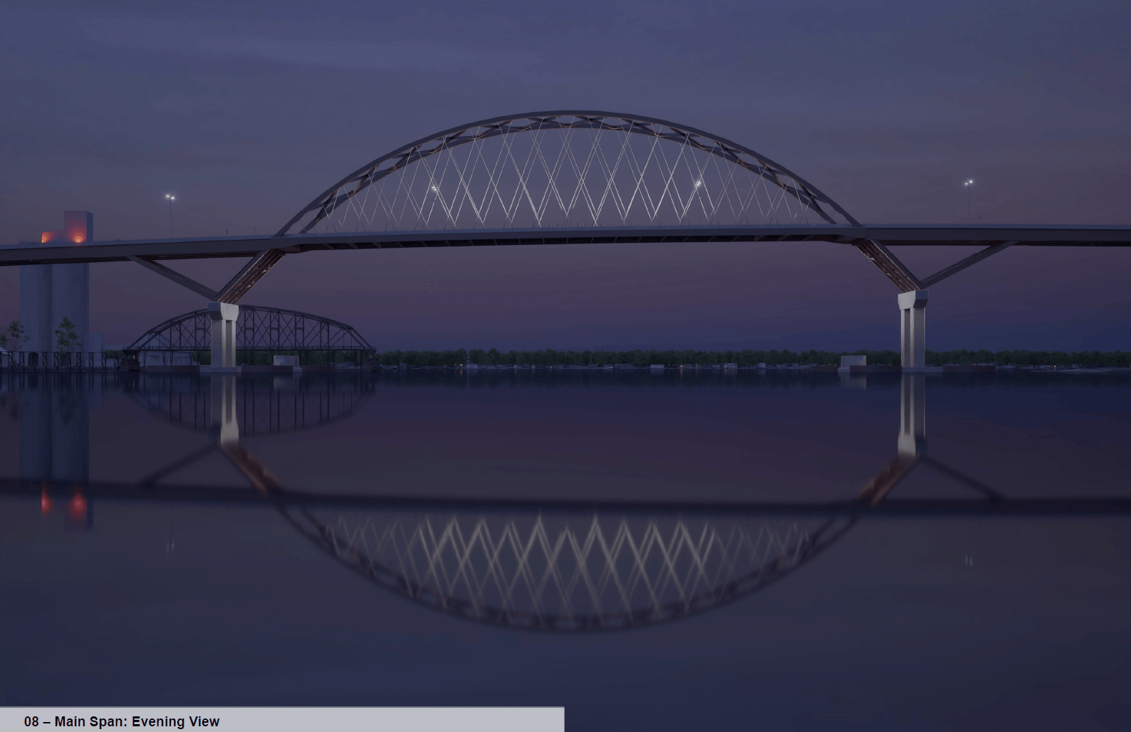 Rendering of a bridge over water at night.