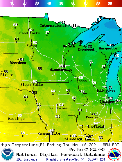 Forecast high temperatures Thursday