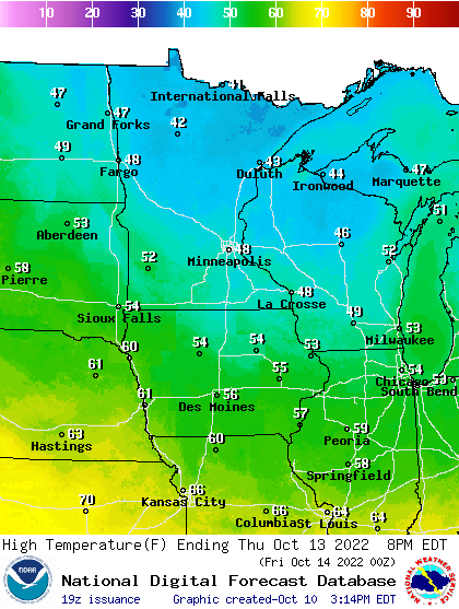 Forecast high temperatures Thursday