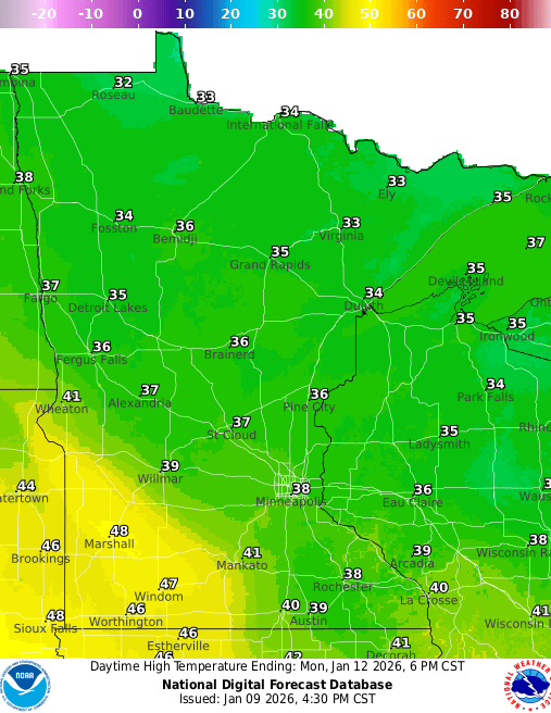 Forecast high temperatures Monday