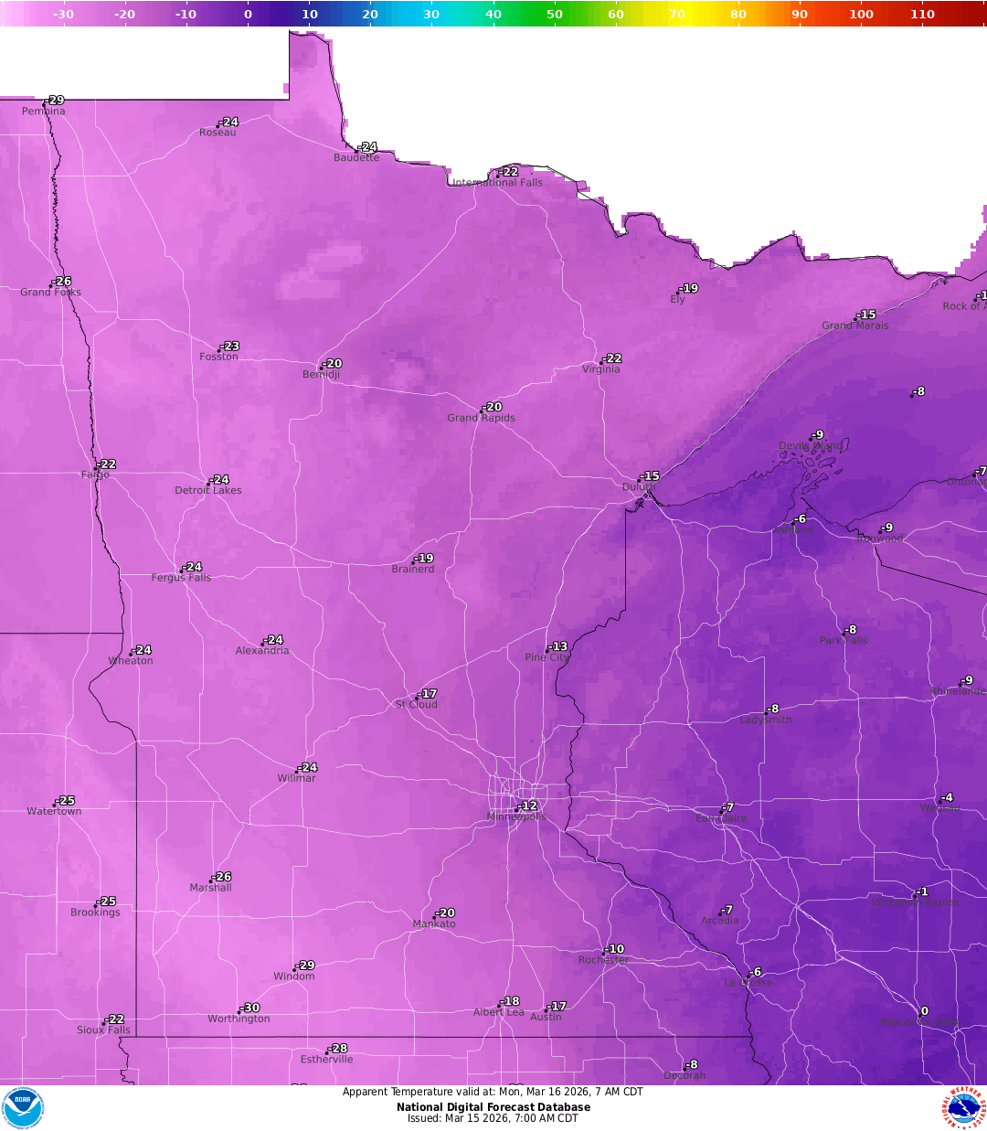 Wind chill forecast for Monday morning