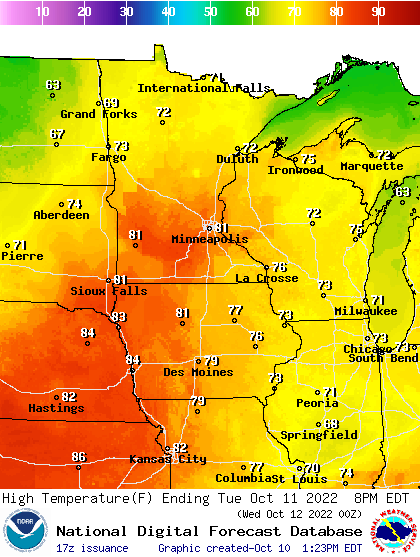 Forecast high temperatures Tuesday