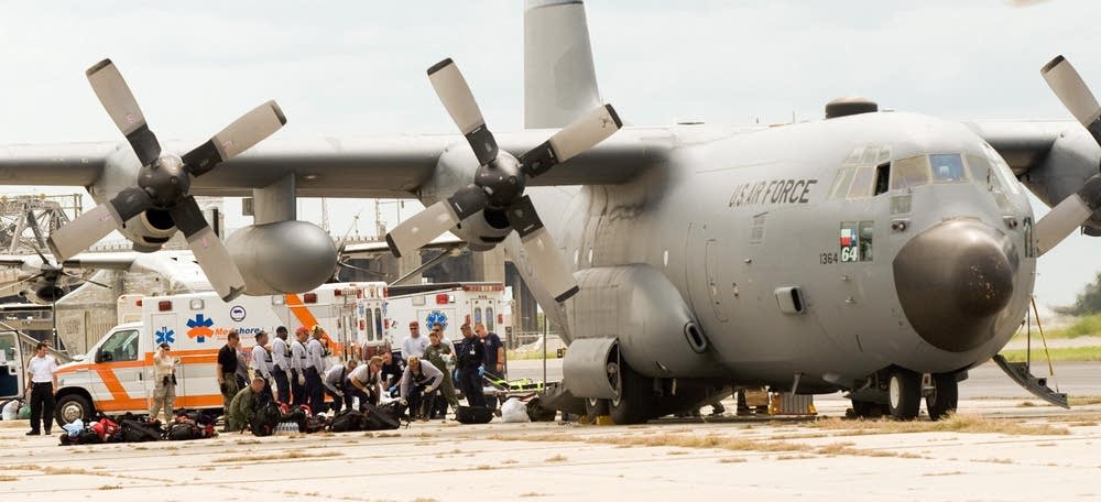 A crew from on a medical evacuation C-17