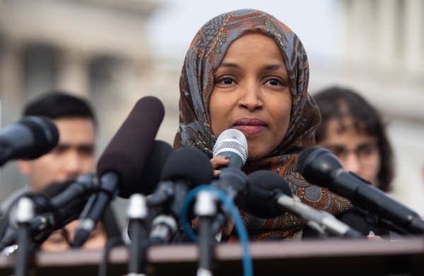 U.S. Rep. Ilhan Omar, D-Minn., speaks during a press conference.