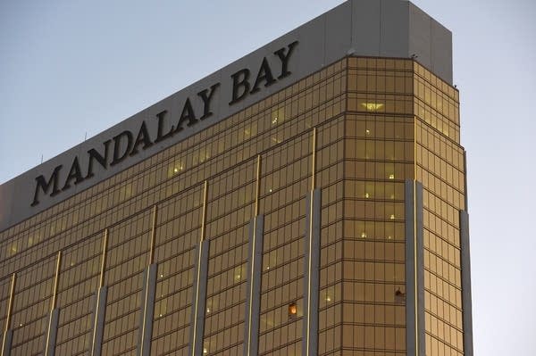 Broken windows at the Mandalay Bay Hotel and Casino.