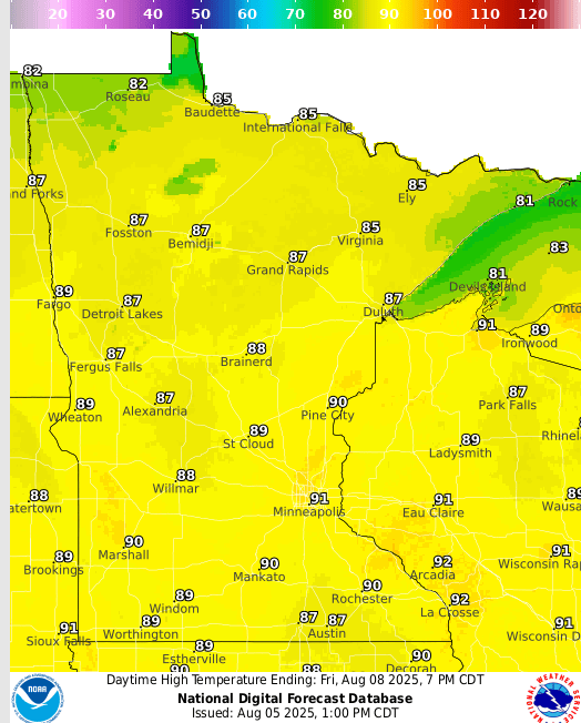 Forecast high temperatures Friday