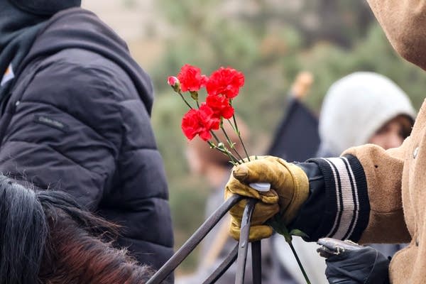 Flowers handed to someone riding a horse