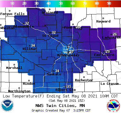 Forecast minimum temps Saturday