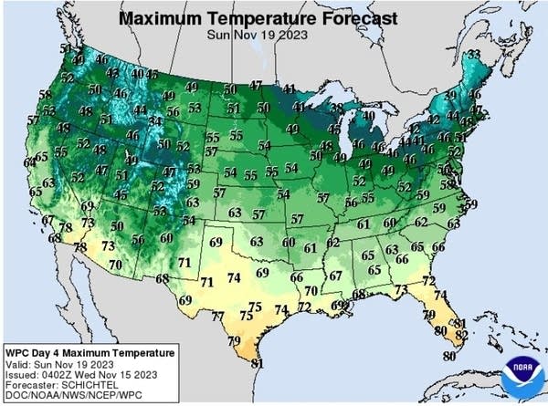Forecast high temperatures Sunday