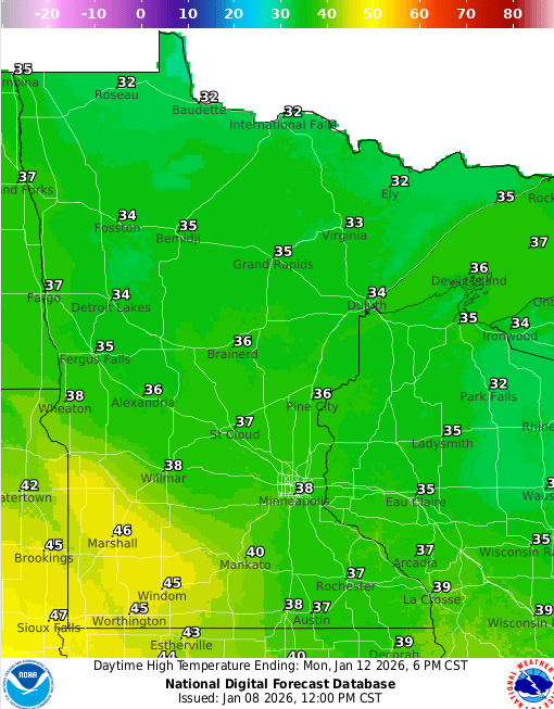 Forecast high temperatures Monday