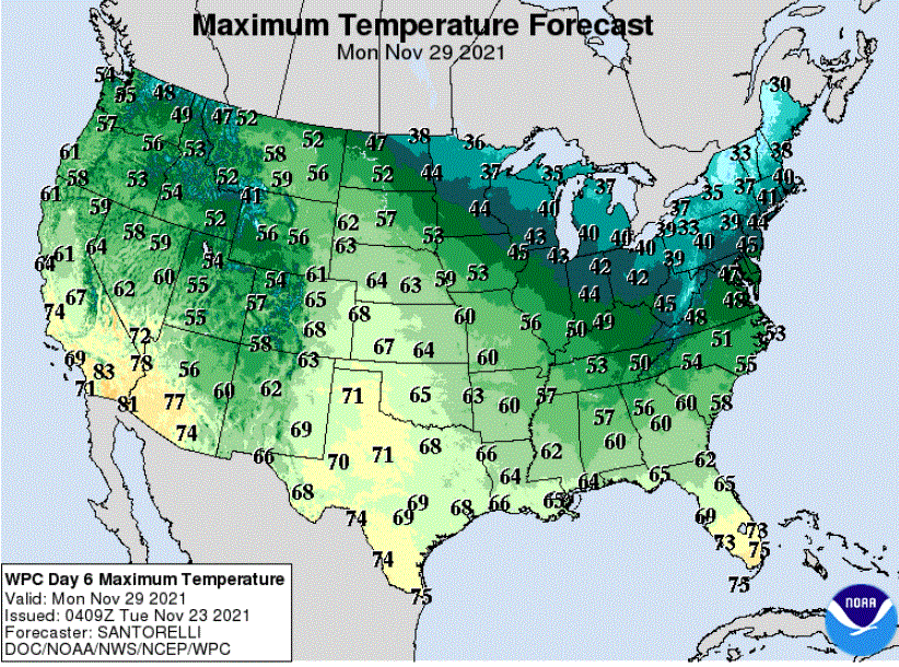 Forecast high temperatures for Monday