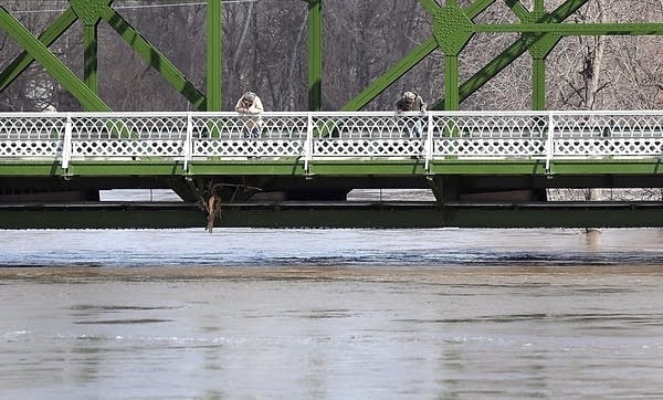 Two men look at a raging Minnesota River in St. Peter, Minn.