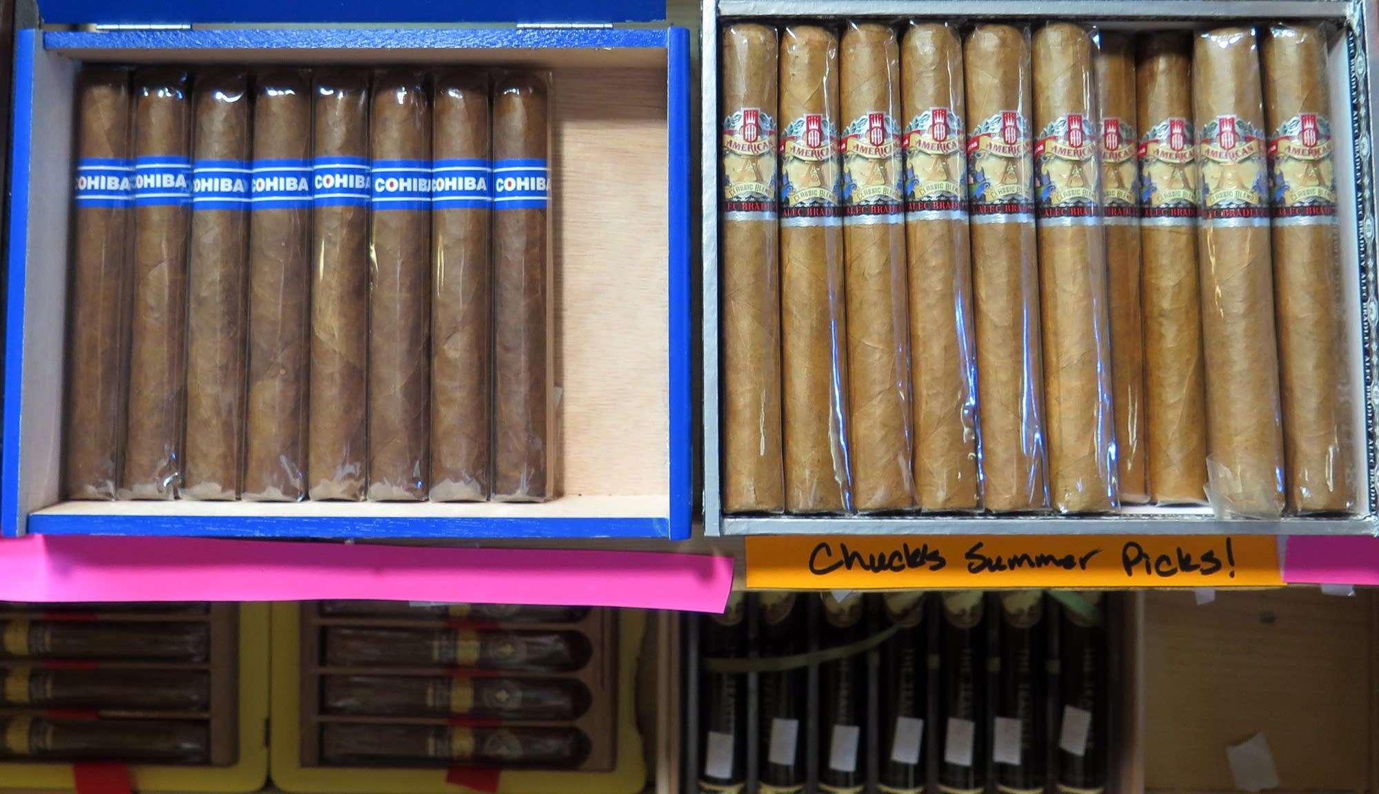Premium cigars are on display at Maplewood Tobacco and E-Cig Center.