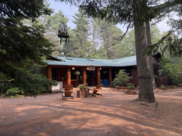 A store built of dark wood and a green roof sits in a forest clearing.
