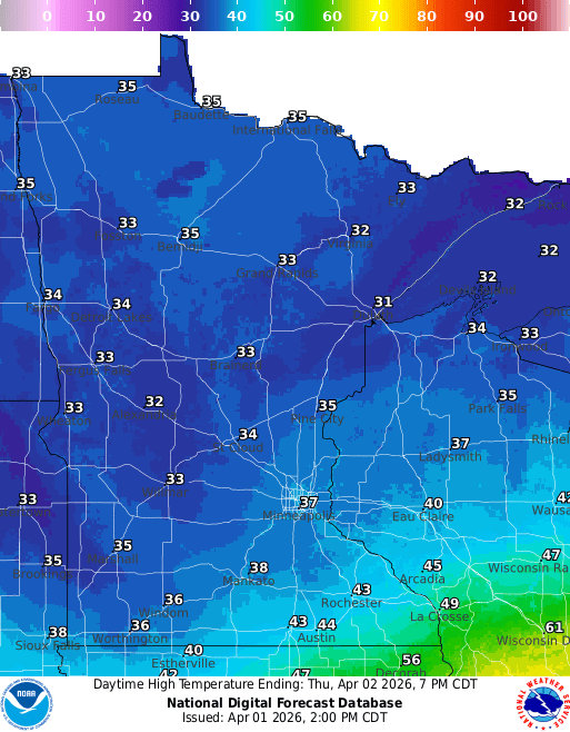 Forecast high temperatures Thursday