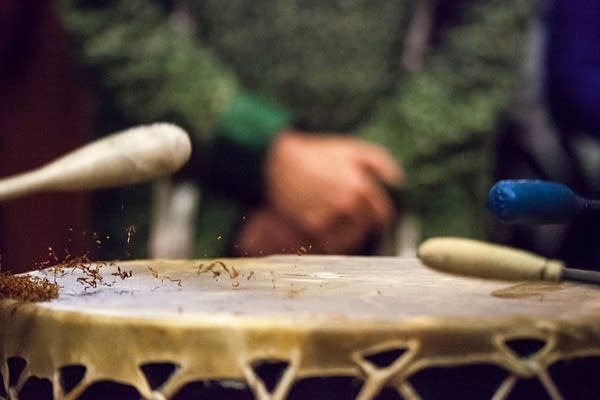 Tobacco bounces on a drum during Indigenous Peoples' Day celebrations at the Daybreak Star Cultural Center on Oct.13, 2014 in Seattle, Washington.