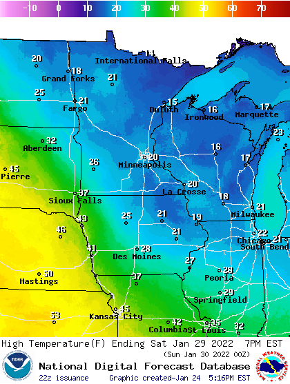 Forecast high temperatures Sunday