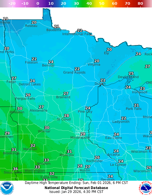 Forecast high temperatures Sunday 