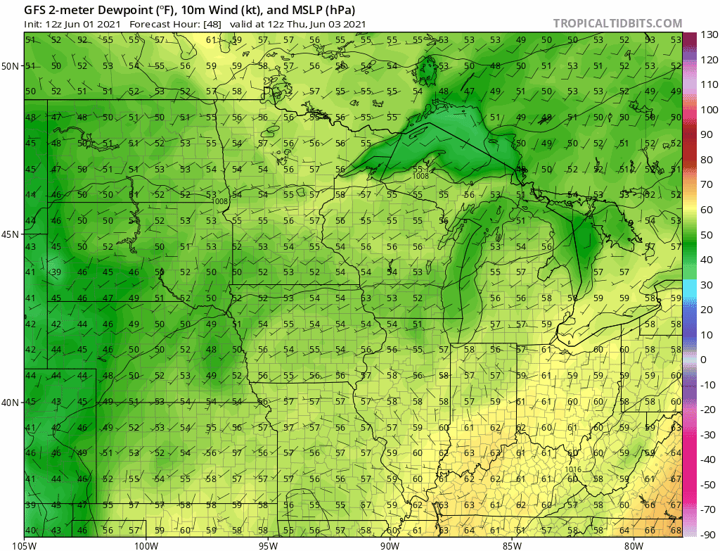 NOAA GFS dew point forecast Thursday through Saturday