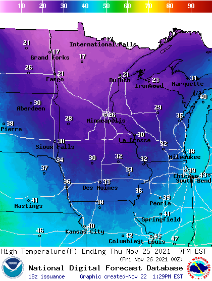 Forecast high temperatures Thursday