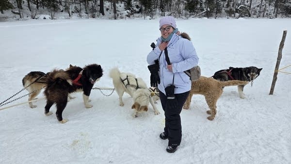 Woman standing in front of dog sled team