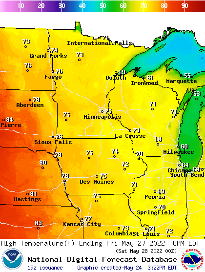 Forecast high temperatures Friday