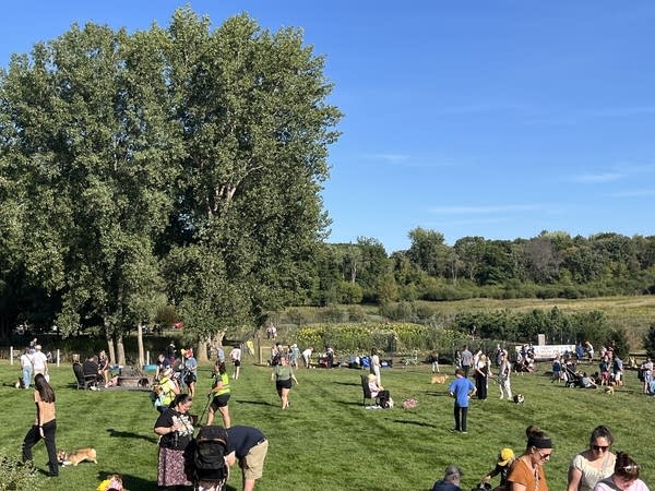 People gather at an event on a grassy yard.