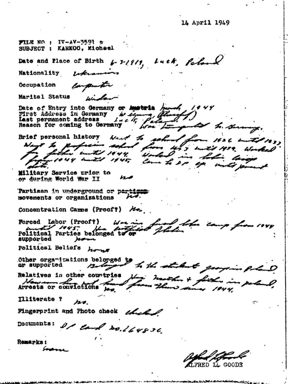 Karkoc's 1949 U.S. Army intelligence file