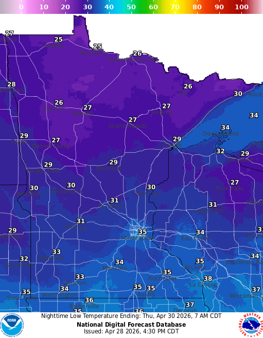 Forecast low temperatures Thursday