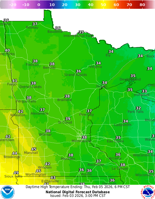 Forecast high temperatures Thursday