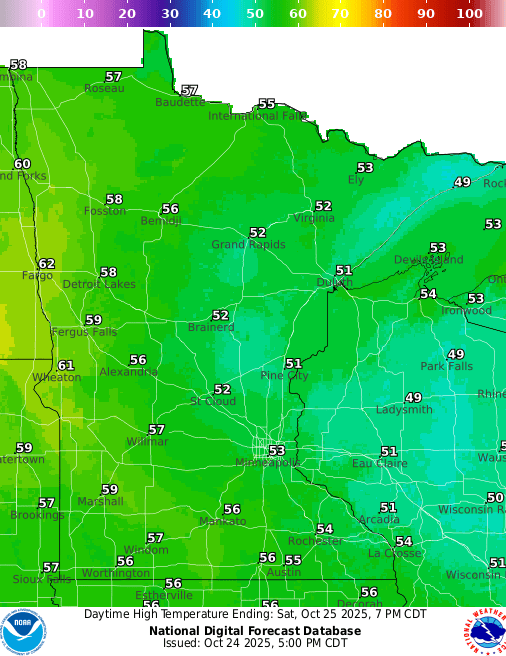 Forecast high temperatures Saturday