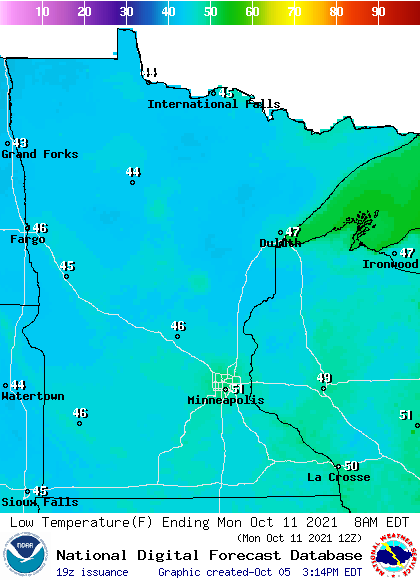 Forecast minimum temps Monday