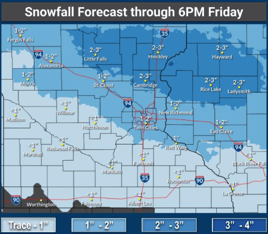 Forecast snowfall through 6 p.m. Friday