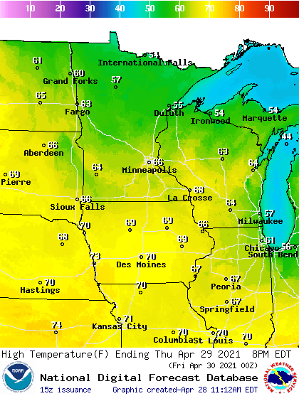 Forecast high temperatures Thursday