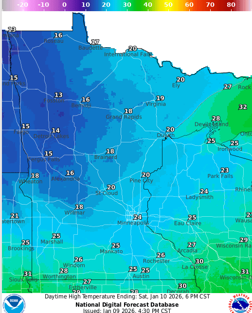 Forecast high temperatures Saturday