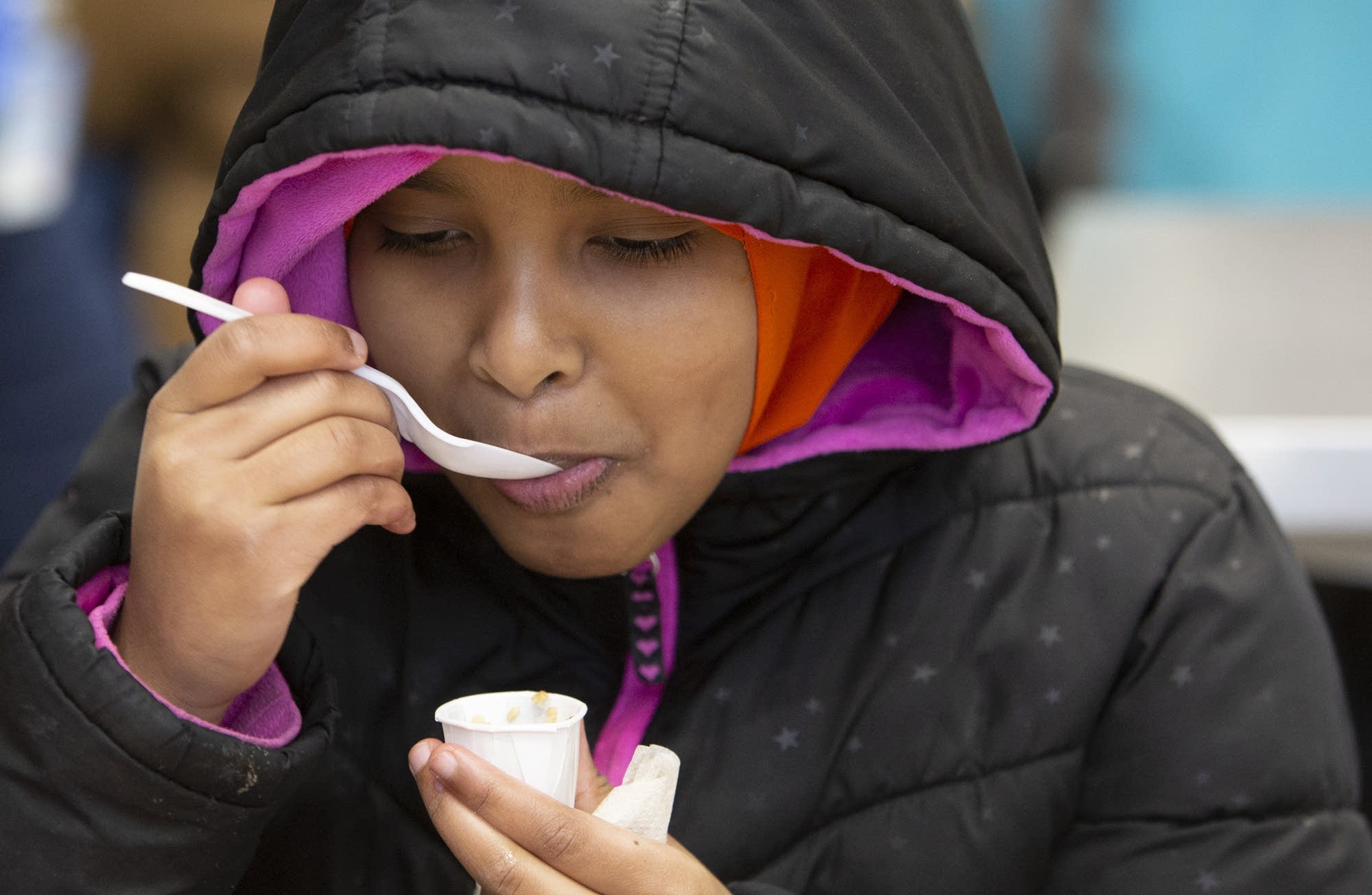 Bancroft fifth grader Yusra samples of sunrise breakfast grain.