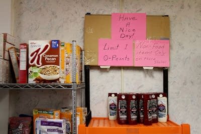 Items for the needy waited on shelves.