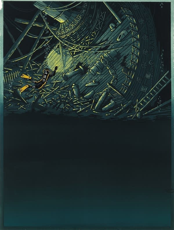 Illustration of a diver exploring a shipwreck, shown in various blues and yellows.