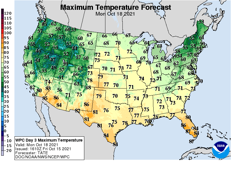 Forecast high temperatures Monday