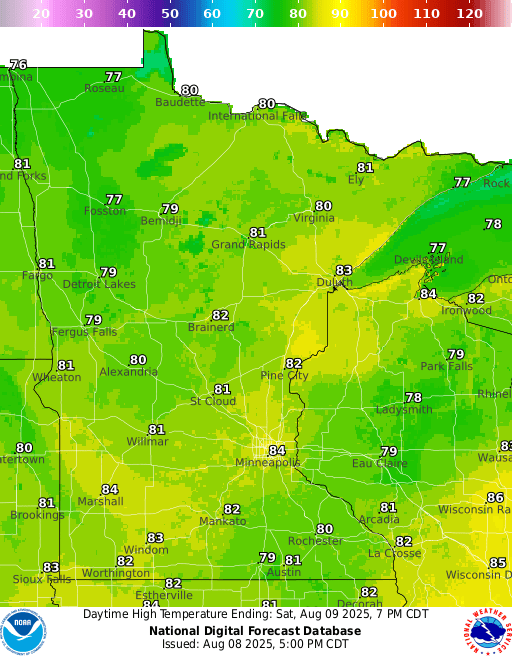 Forecast high temperatures Saturday