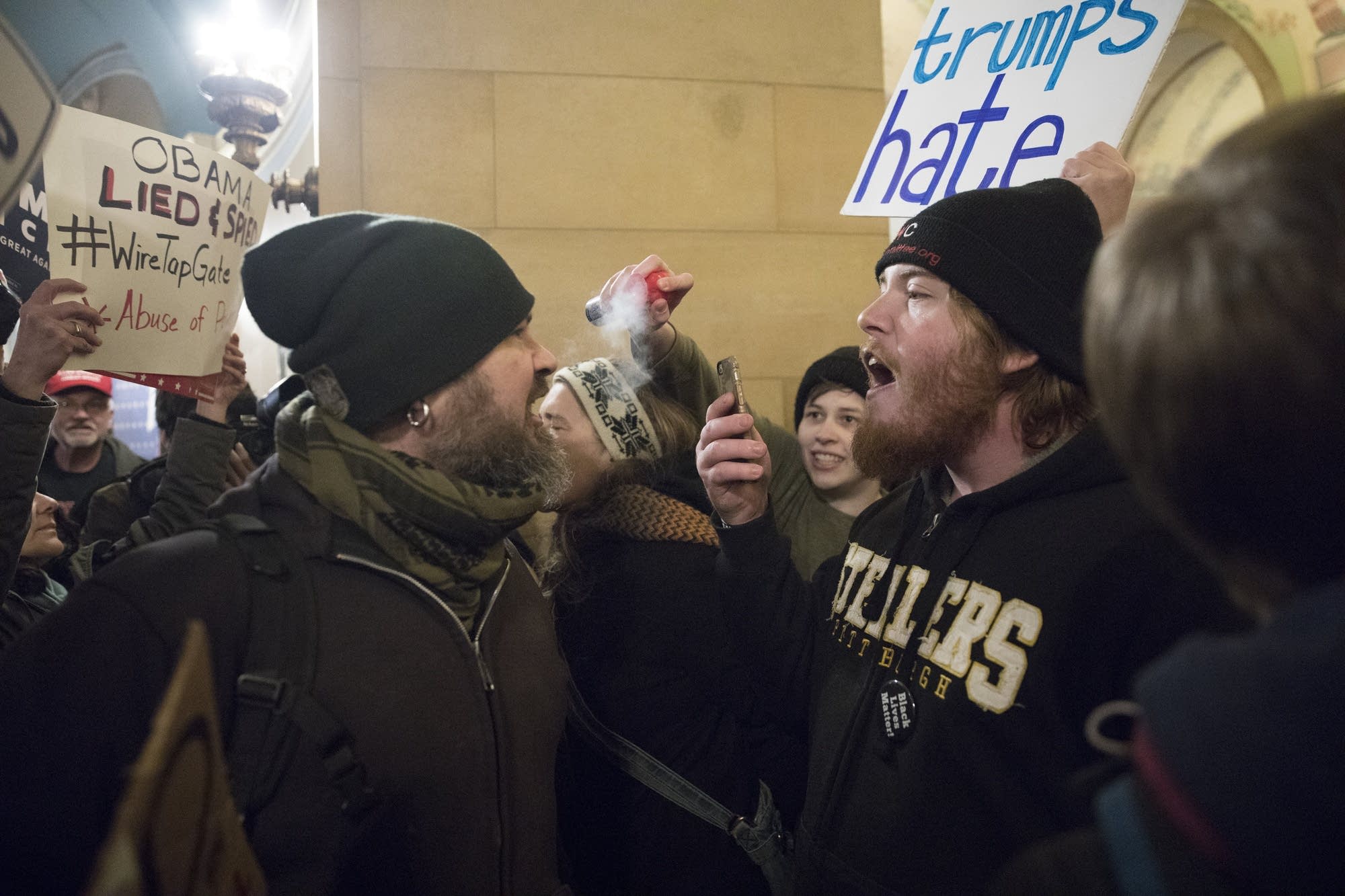 Counter-protesters blew air horns in the face of Trump supporters.