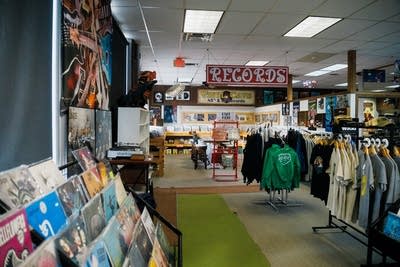Records and apparel on display in a record store