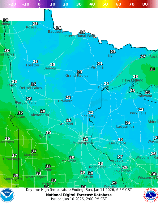 Forecast high temperatures Sunday 