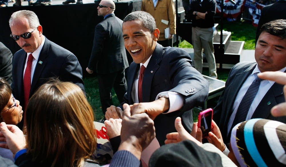 Barack Obama greeting supporters in Indiana