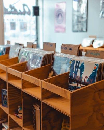 Racks of records on display in a record shop