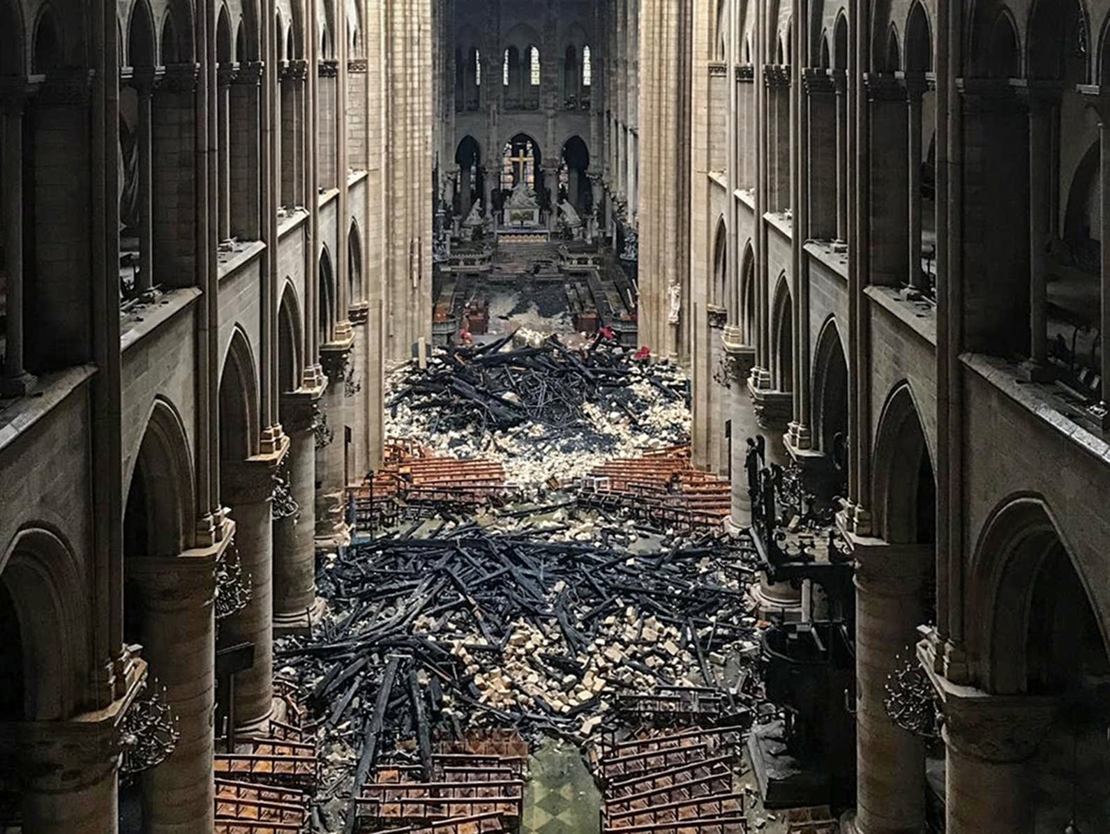 An interior view of the Notre Dame in Paris in the aftermath of a fire.
