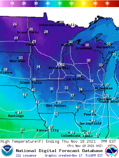 Forecast high temperatures Thursday